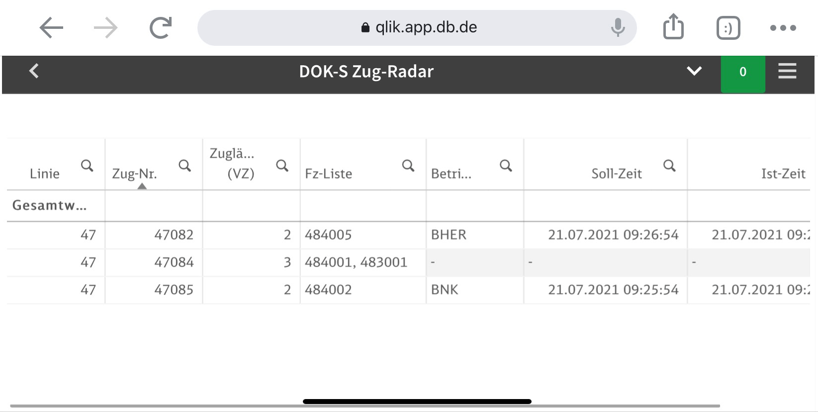 Screenshot der App Zug-Radar