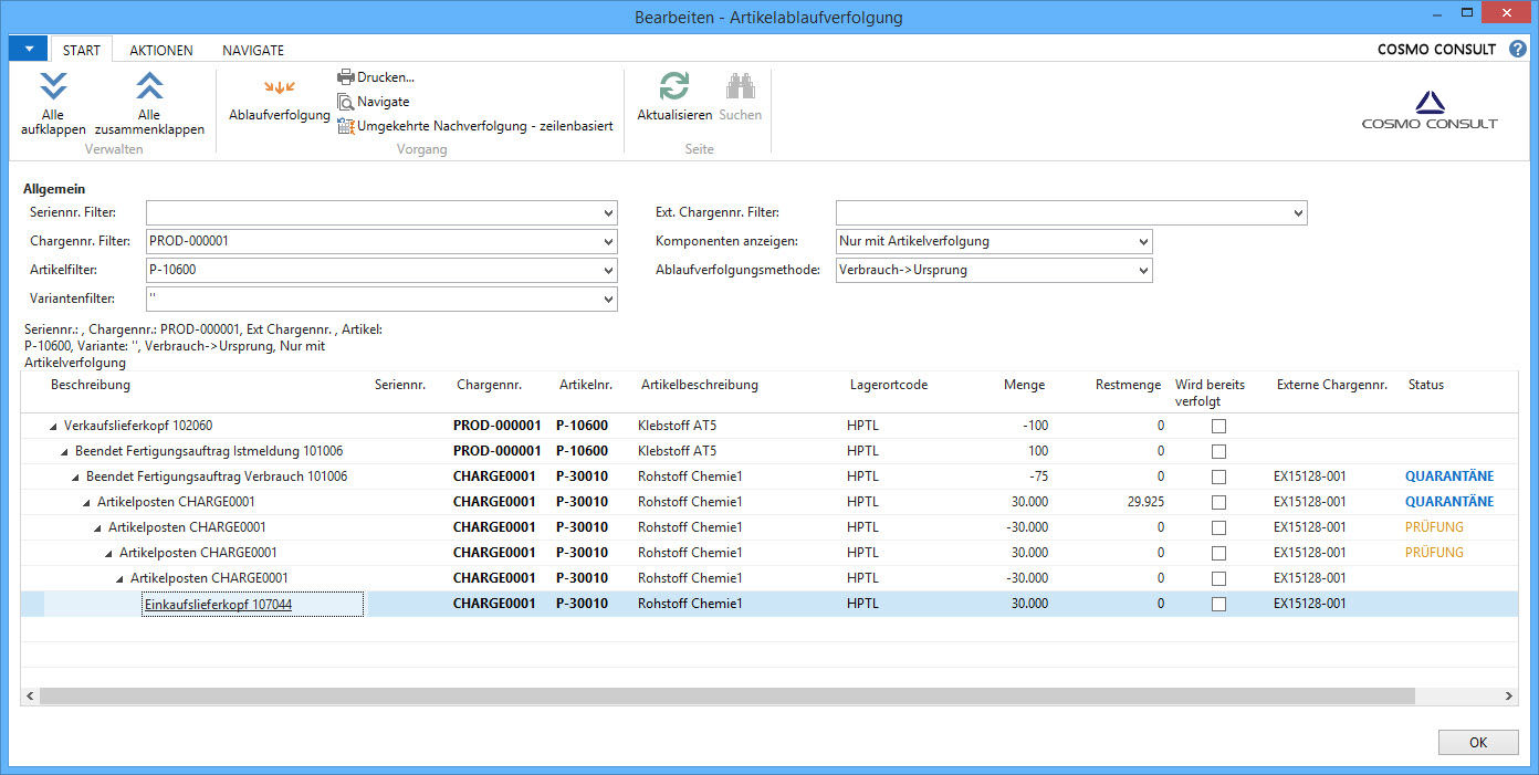 Screenshot der "Chargenrückverfolgung (Artikelablaufverfolgung) bzw. Chargenseriennummerverwaltung" in der Prozessfertigung von COSMO CONSULT für Microsoft Dynamics NAV