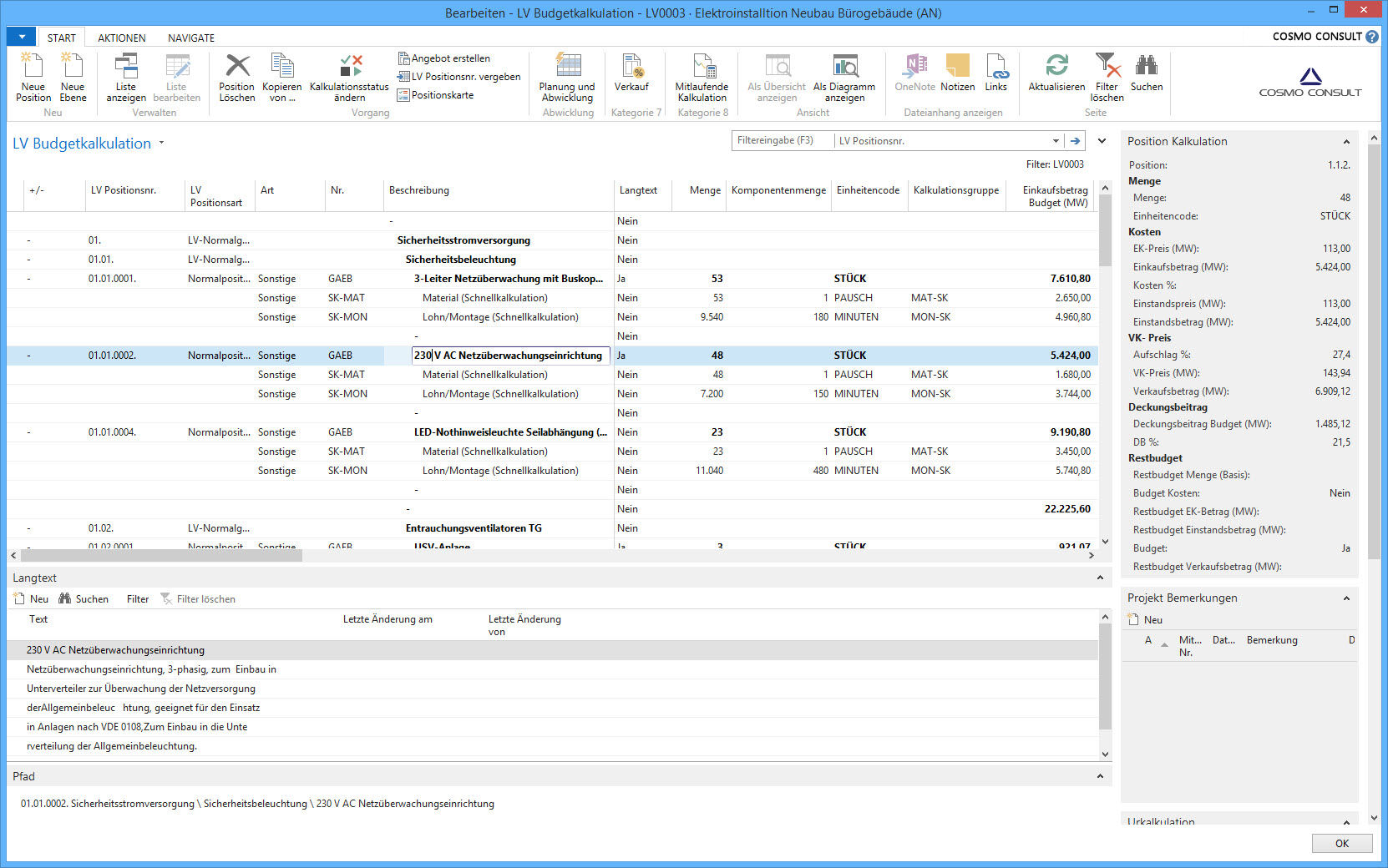 Screenshot: Leistungsverzeichnis - Budgetkalkulation von COSMO CONSULT für Microsoft Dynamics NAV