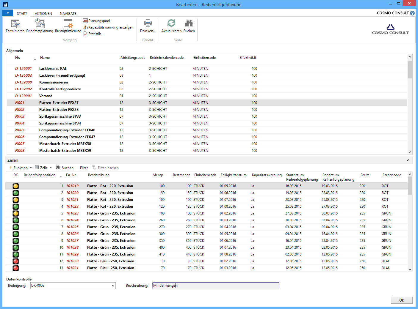 Screenshot: Reihenfolgeplanung in der Plattenextrusion von COSMO CONSULT für Microsoft Dynamics NAV